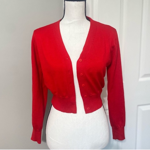GRACE KARIN | Red Open Front Knit Cropped Bolero Shrug Cardigan Sweater - Picture 2 of 11